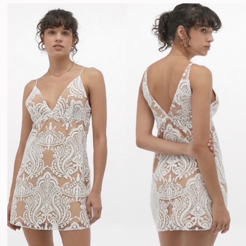 FREE PEOPLE Night Shimmers Sequin Mini Dress Tan White Lace 8 Medium